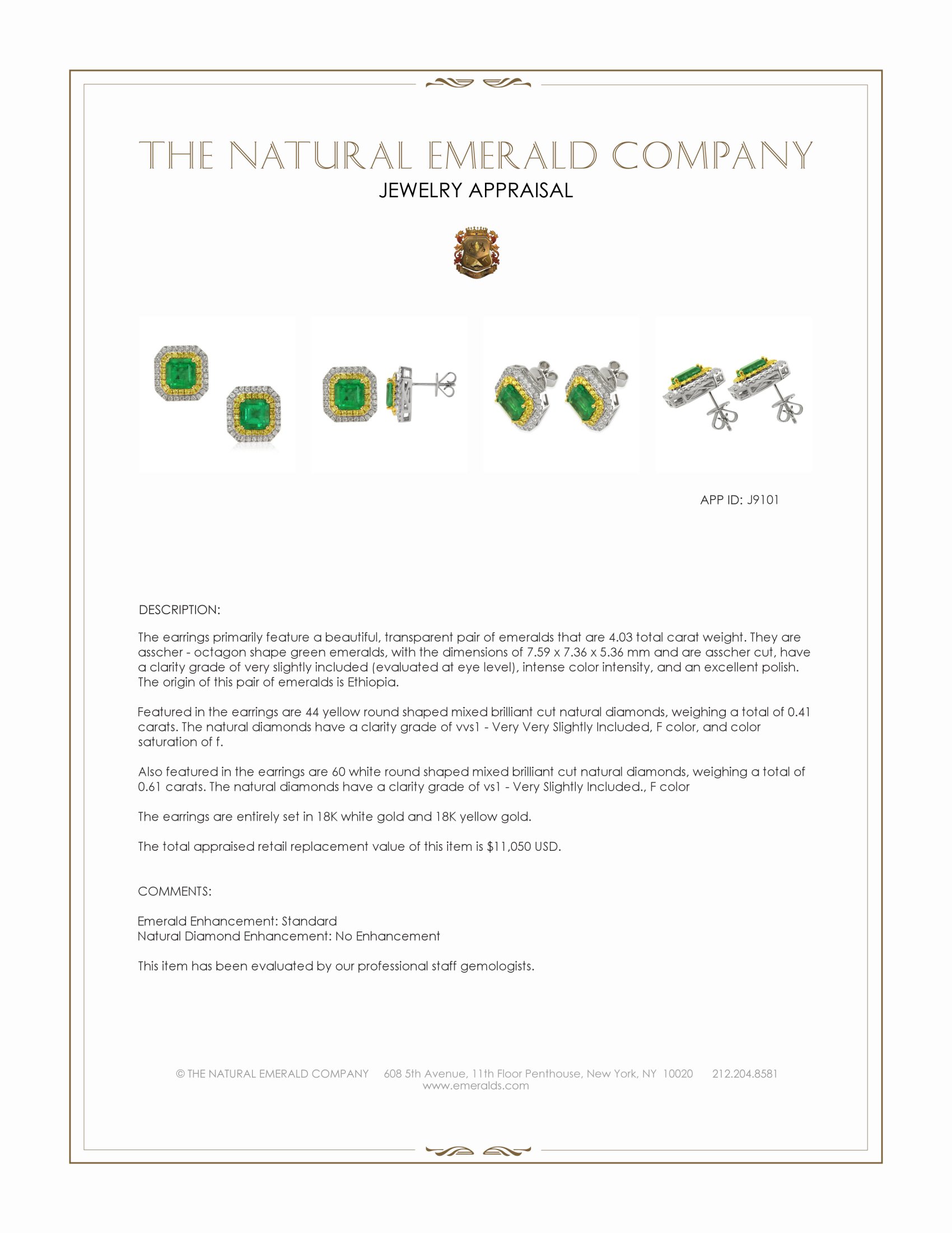 4.03 Ct.Tw. Emerald and Mixed Natural Diamond Studs Earrings, 18K White & Yellow