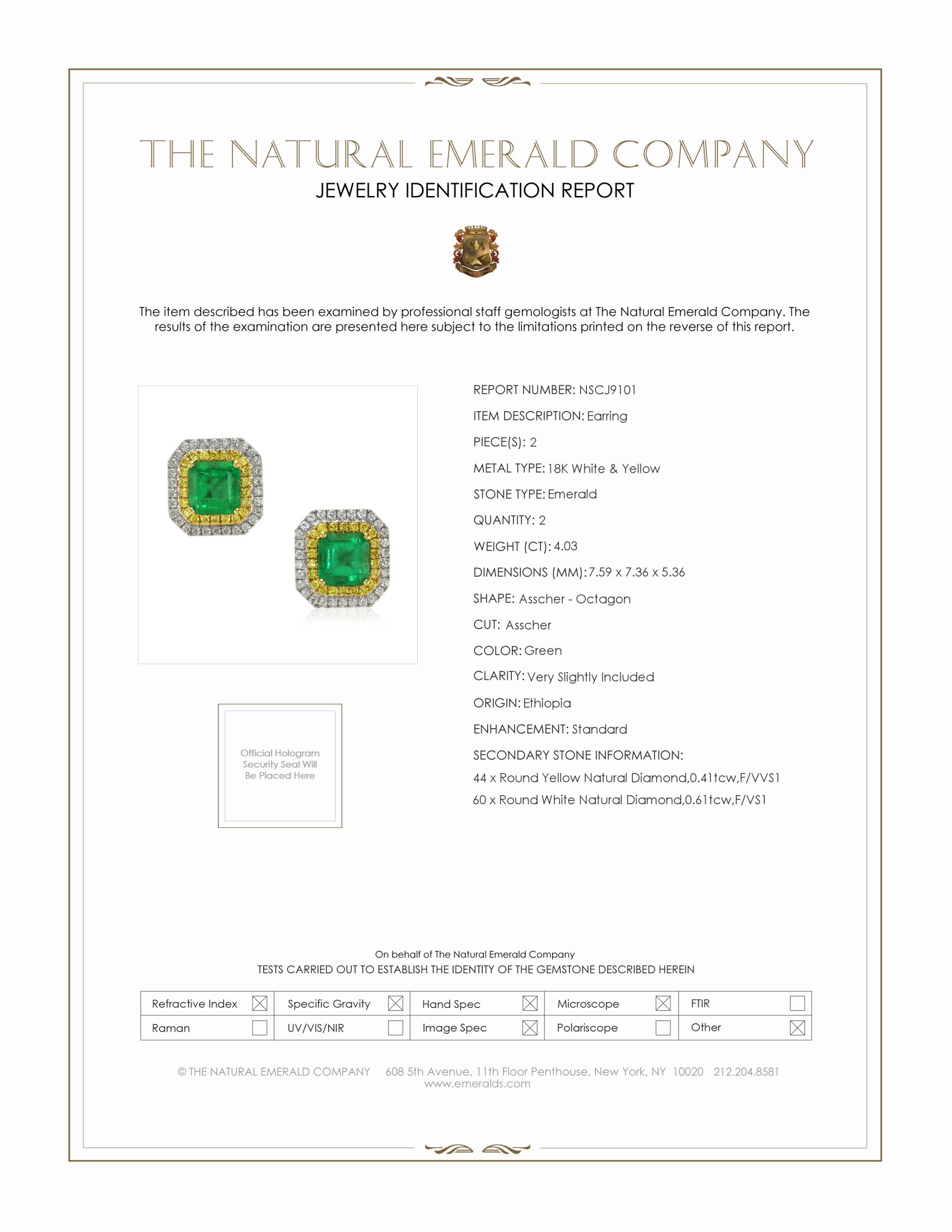 4.03 Ct.Tw. Emerald Natural Diamond Pave Earrings, 18K White & Yellow