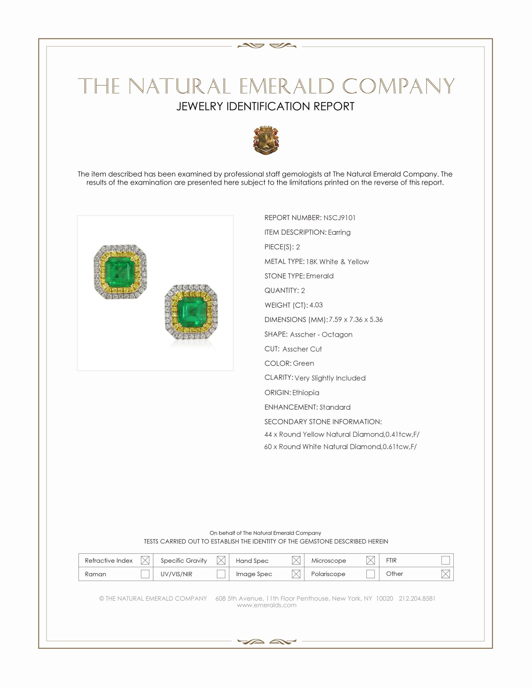 4.03 Ct.Tw. Emerald and Mixed Natural Diamond Studs Earrings, 18K White & Yellow