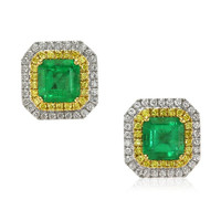4.03 Ct.Tw. Emerald Natural Diamond Pave Earrings, 18K White & Yellow Video