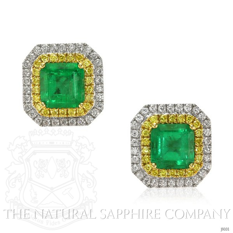4.03 Ct.Tw. Emerald Natural Diamond Pave Earrings, 18K White & Yellow