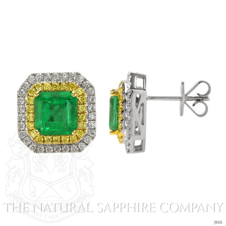 4.03 Ct.Tw. Emerald Natural Diamond Pave Earrings, 18K White & Yellow