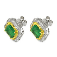 4.03 Ct.Tw. Emerald Natural Diamond Pave Earrings, 18K White & Yellow Image
