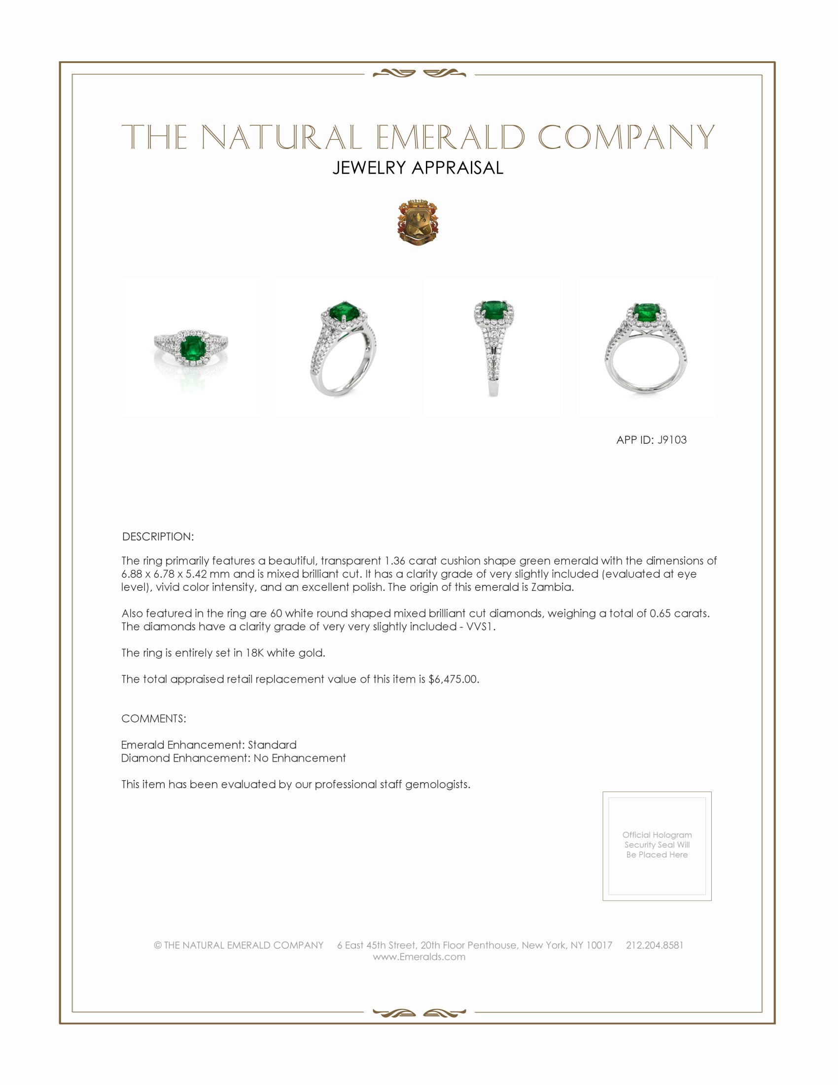 1.36 Ct. Emerald and Natural Diamond Pave Ring, 18K White Gold