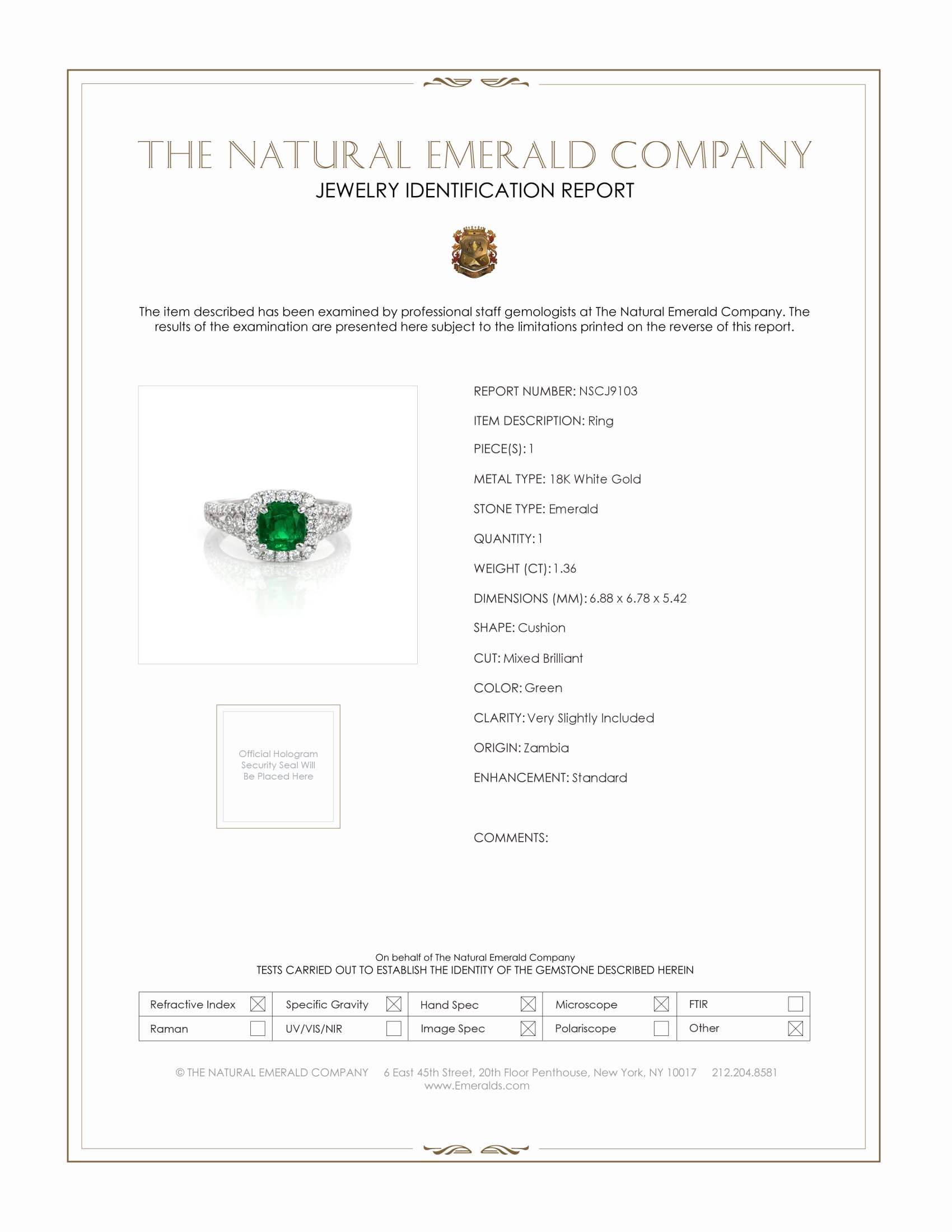 1.36 Ct. Emerald and Natural Diamond Pave Ring, 18K White Gold