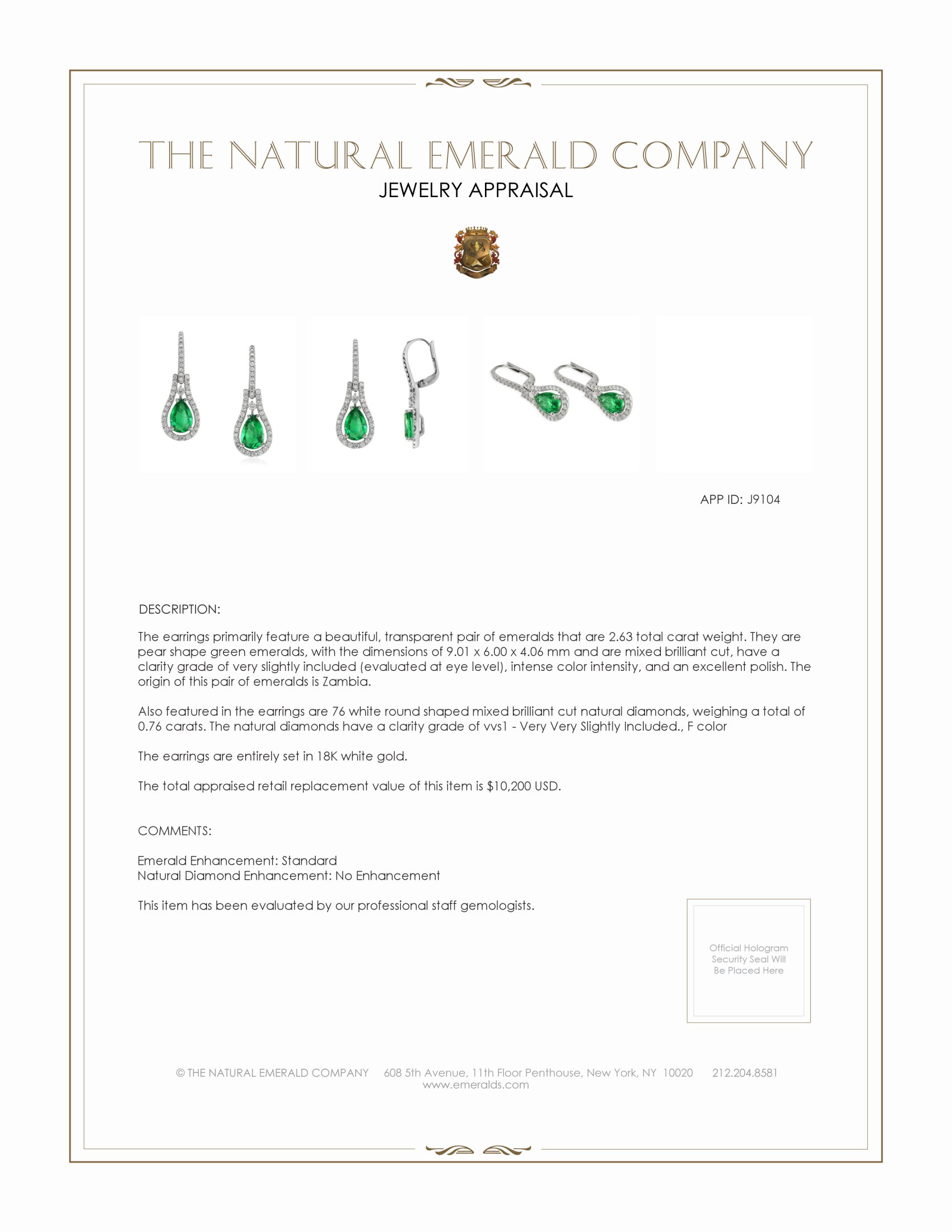 2.63 Ct.Tw. Emerald Natural Diamond Pave Earrings, 18K White Gold
