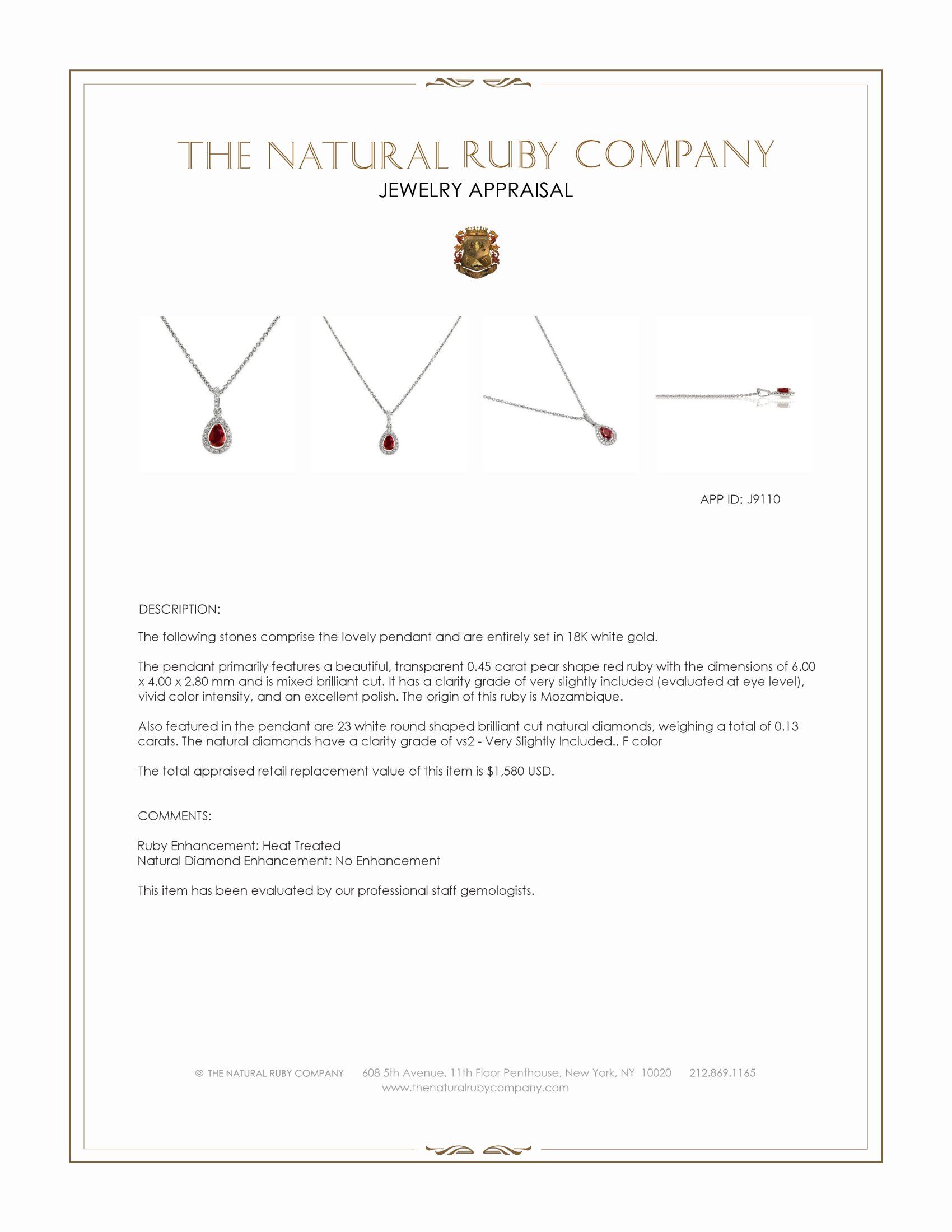 0.45 Ct. Ruby Natural Diamond Pave Pendant, 18K White Gold