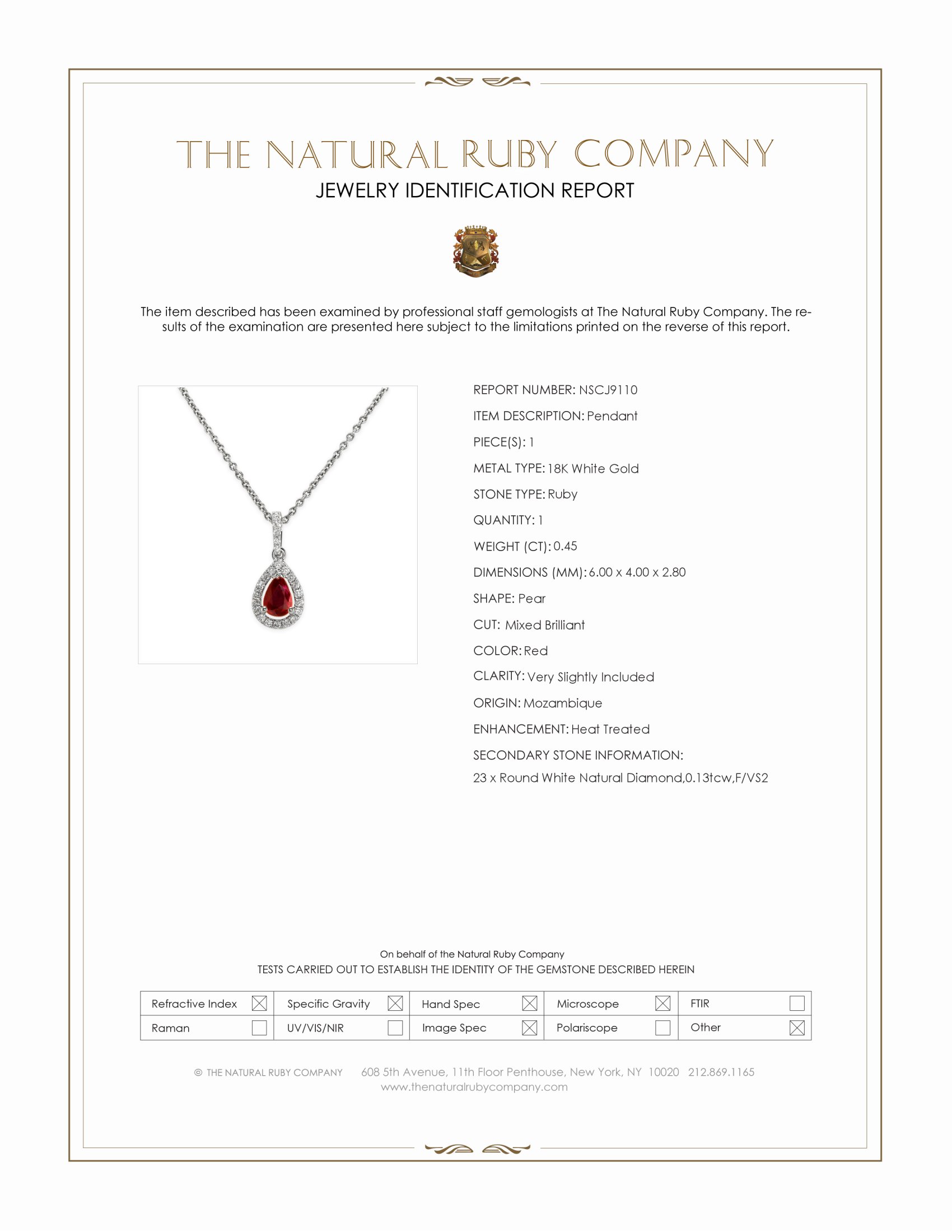 0.45 Ct. Ruby and Natural Diamond Pave Pendant, 18K White Gold