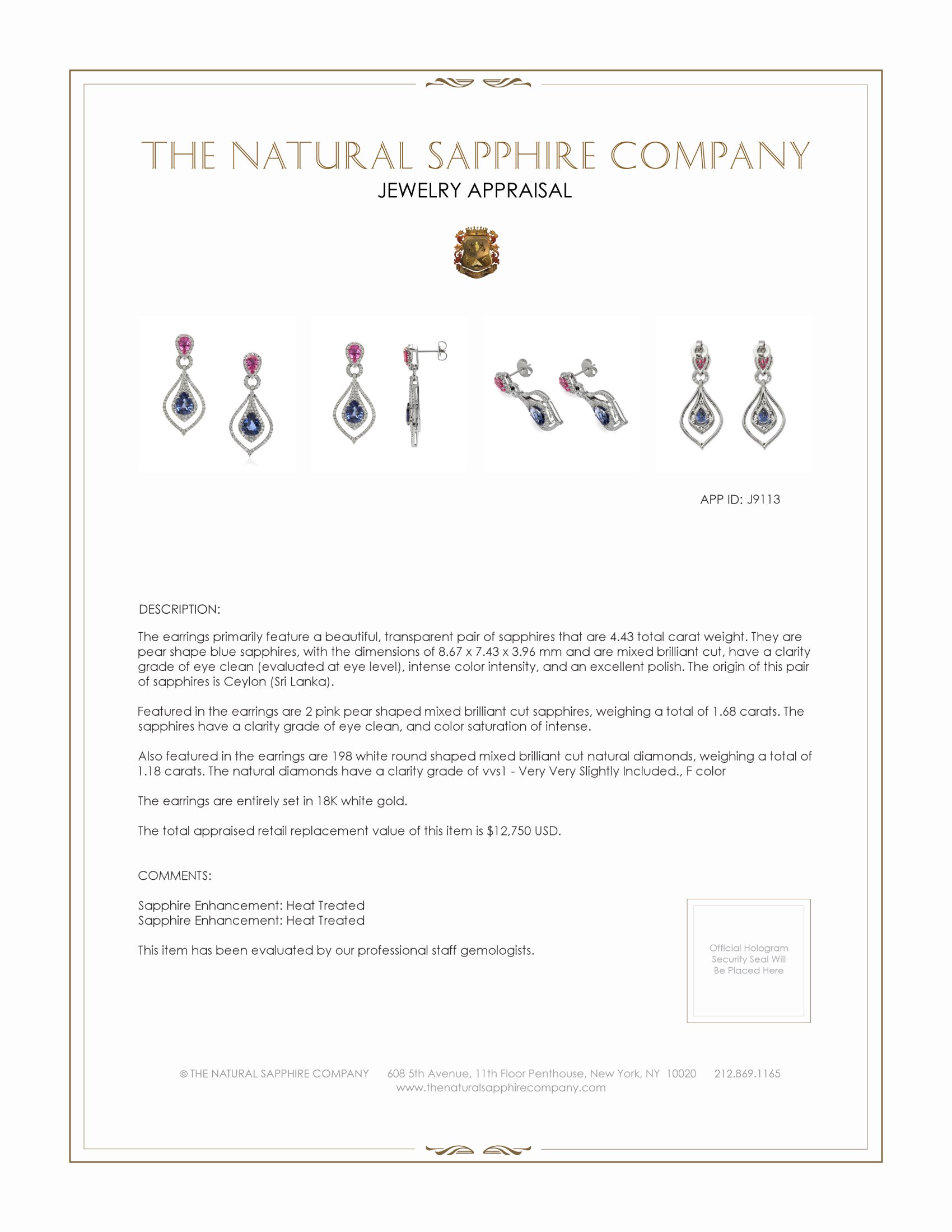 4.43 Ct.Tw. Mixed Sapphire and Natural Diamond Pave Earrings, 18K White Gold