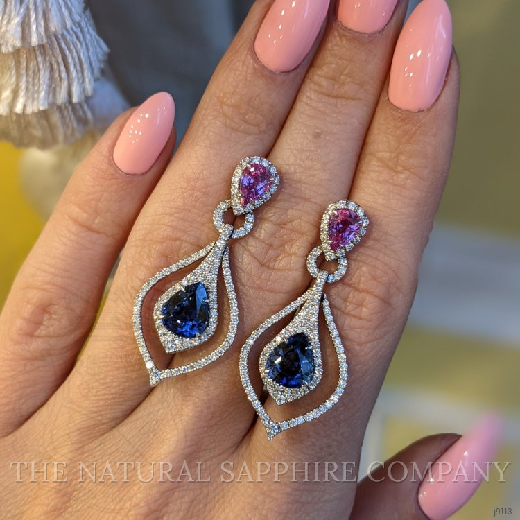 4.43 Ct.Tw. Mixed Sapphire and Natural Diamond Pave Earrings, 18K White Gold