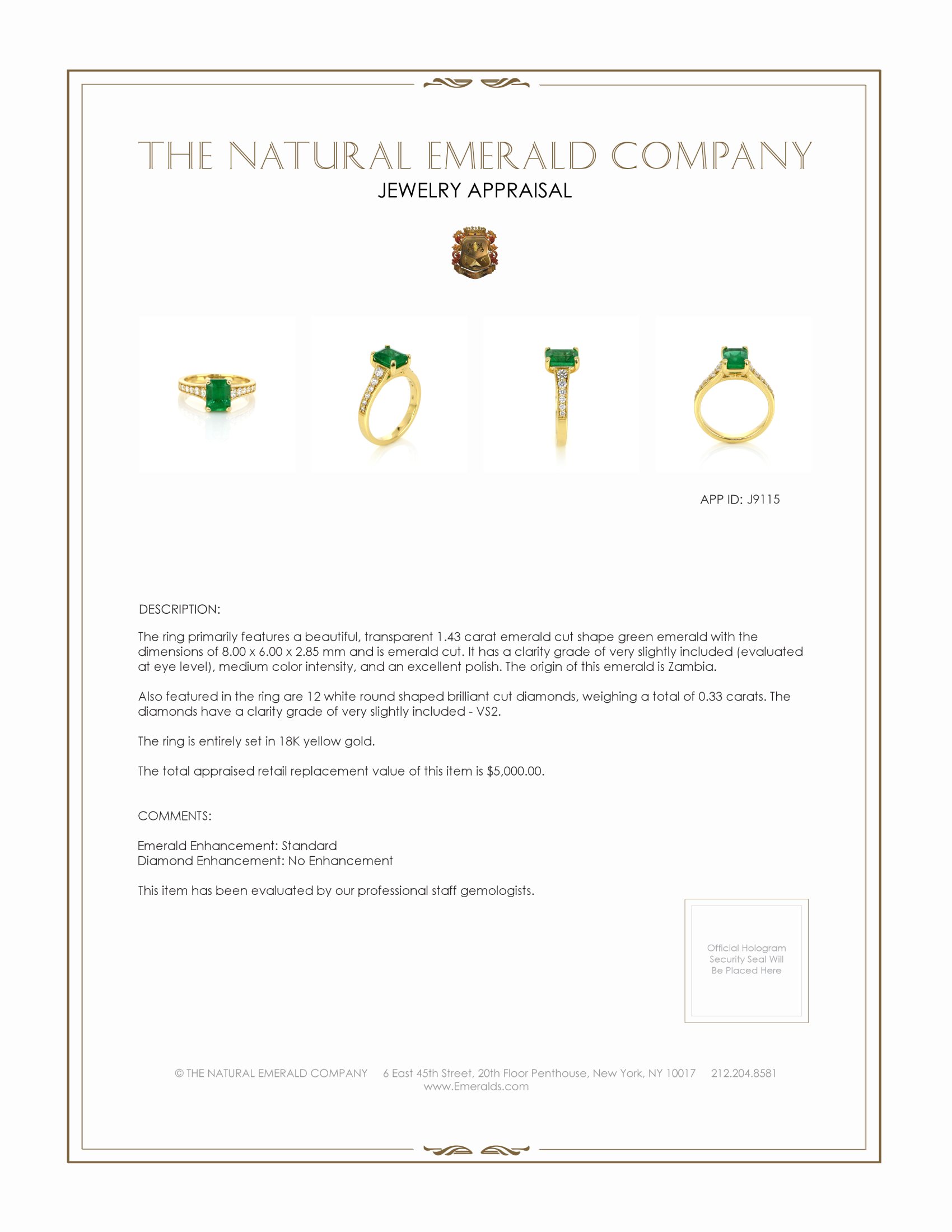 1.43 Ct. Emerald and Natural Diamond Pave Ring, 18K Yellow Gold