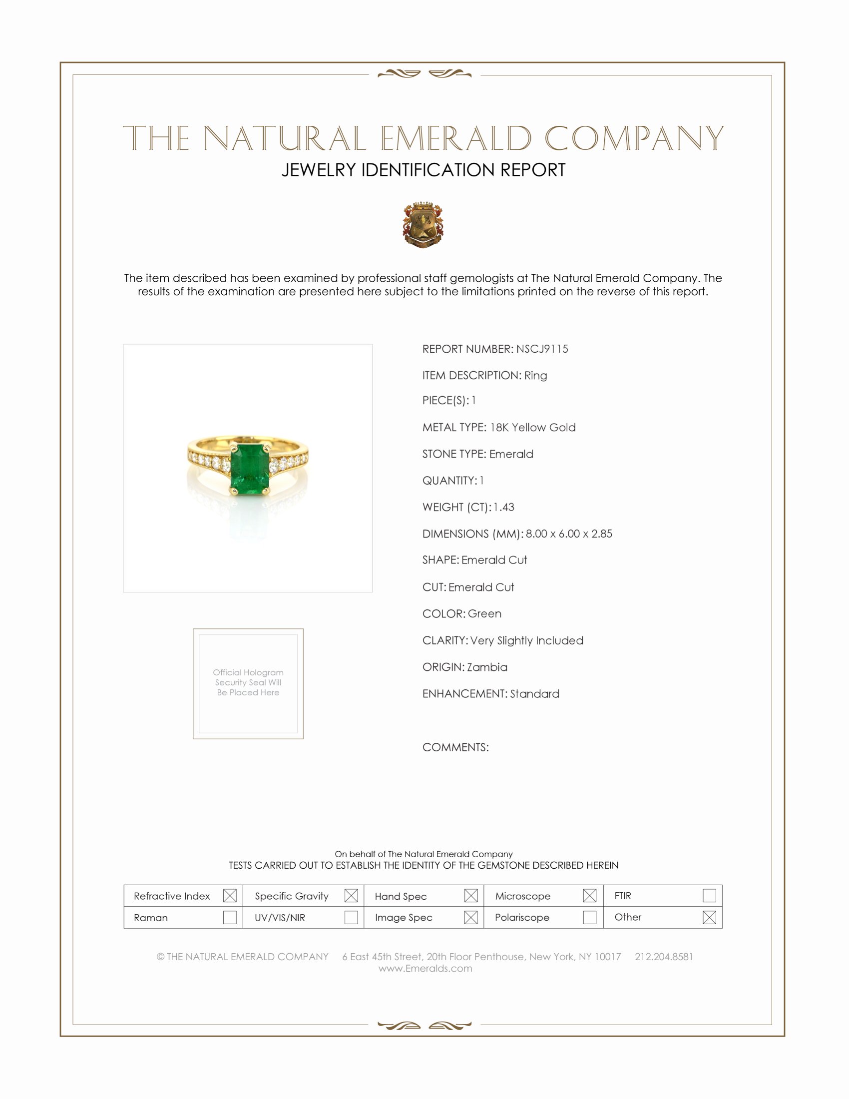 1.43 Ct. Emerald and Natural Diamond Pave Ring, 18K Yellow Gold