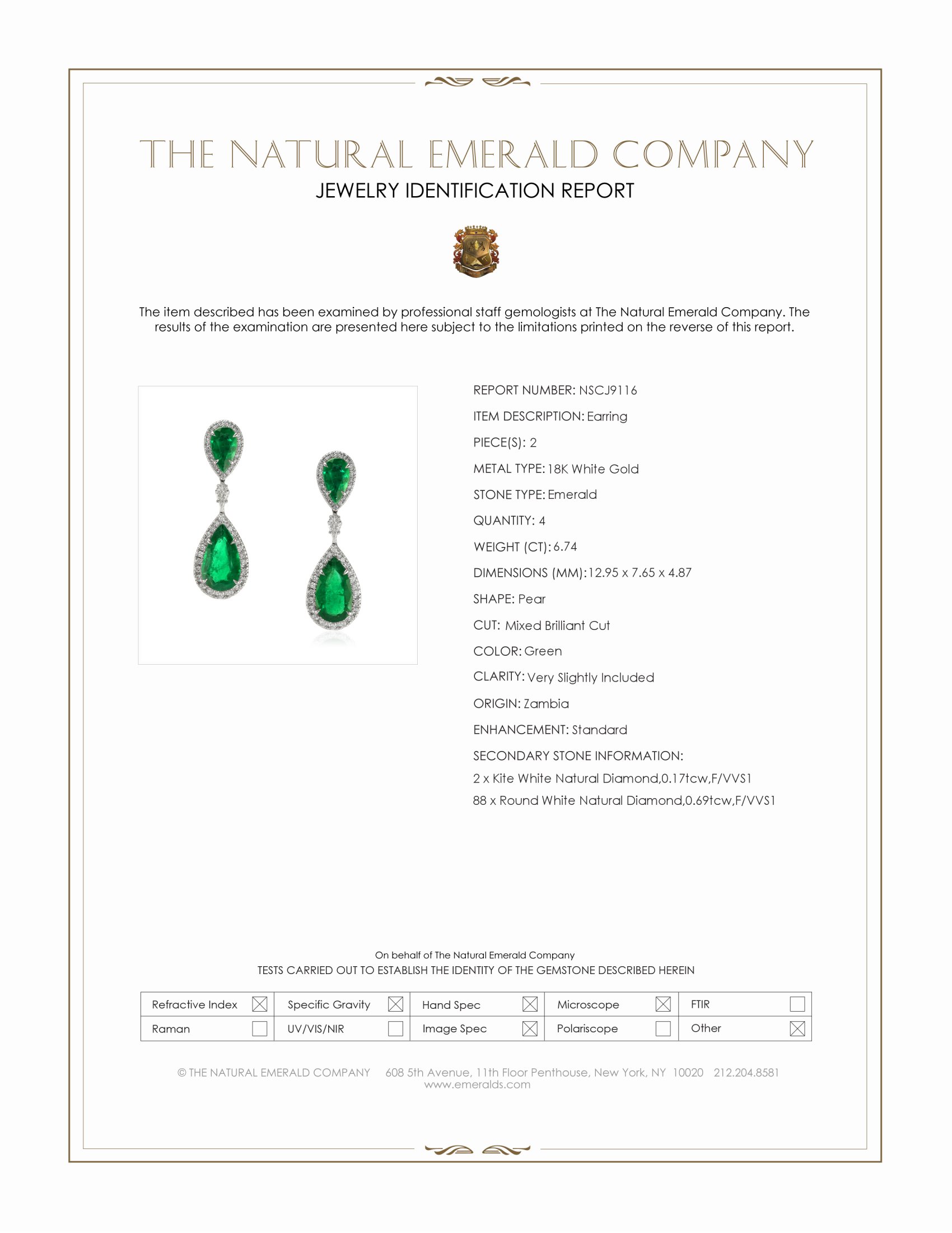 6.74 Ct.Tw. Emerald and Natural Diamond Pave Earrings, 18K White Gold