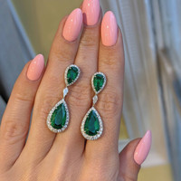 6.74 Ct.Tw. Emerald Natural Diamond Pave Earrings, 18K White Gold Life Style