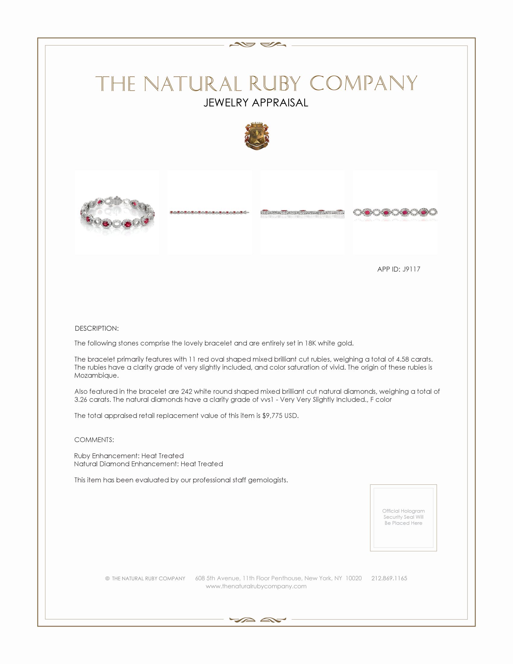 4.58 Ct.Tw. Ruby Natural Diamond Accent Stones Bracelet, 18K White Gold