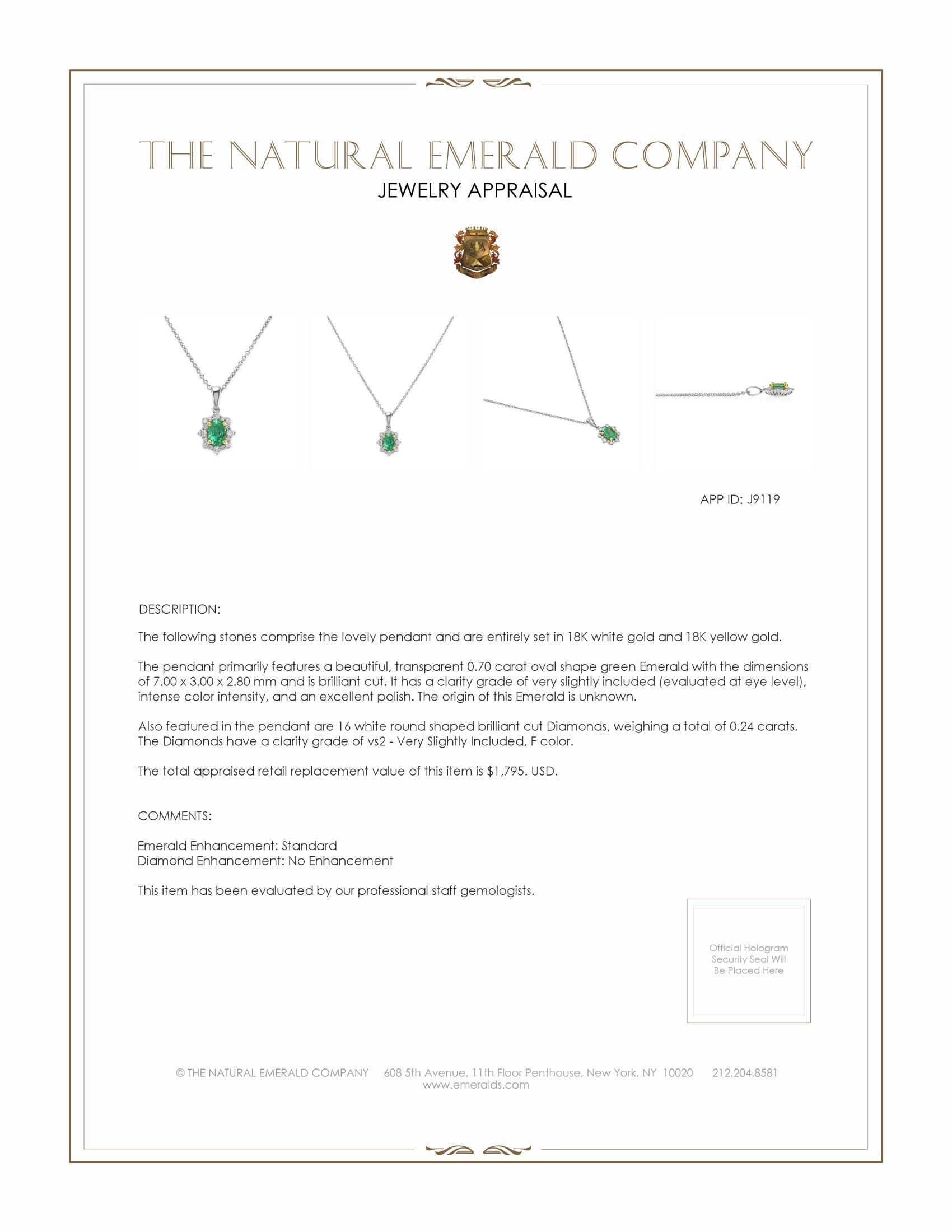 0.70 Ct. Emerald and Natural Diamond Pave Pendant, 18K White & Yellow