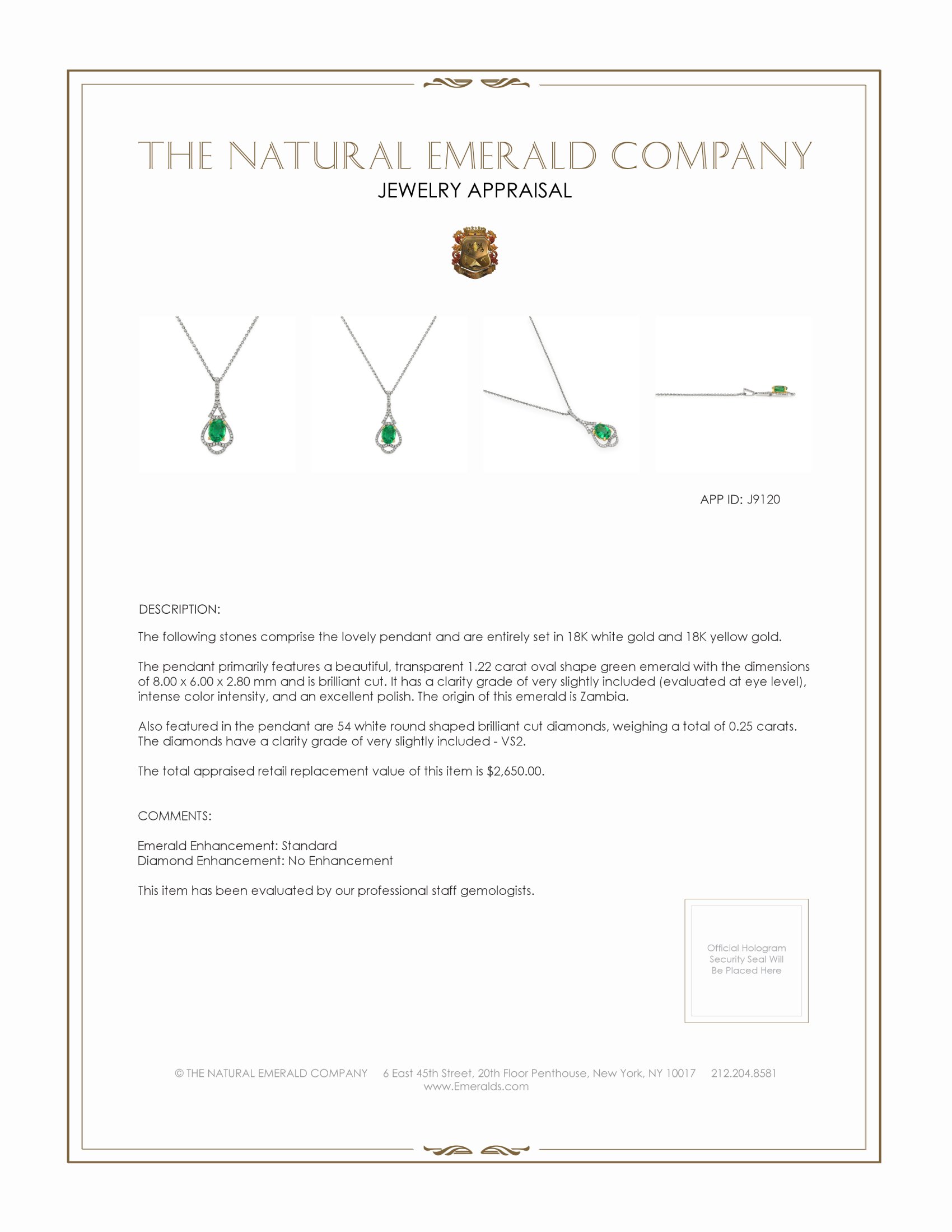 1.22 Ct. Emerald and Natural Diamond Pave Pendant, 18K White & Yellow