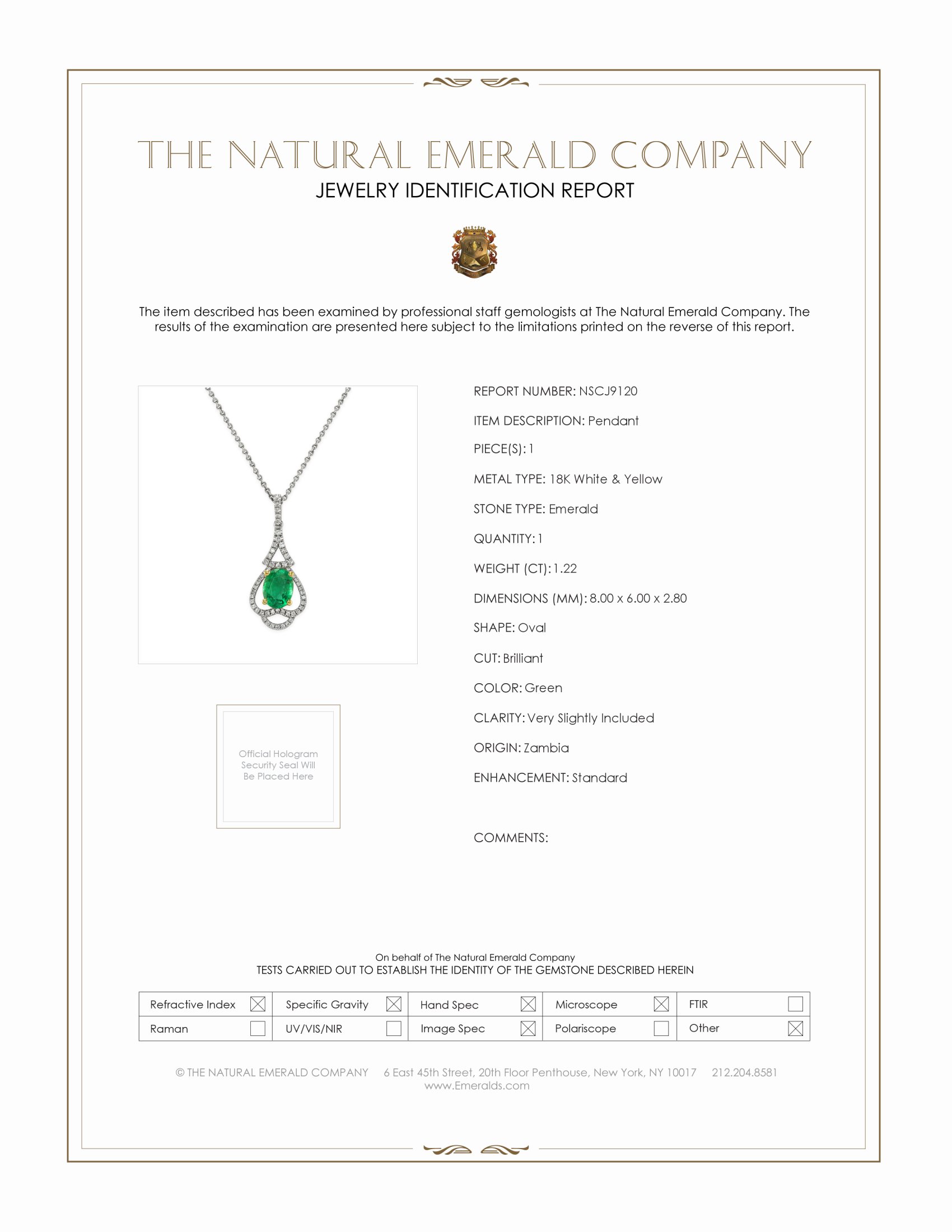1.22 Ct. Emerald and Natural Diamond Pave Pendant, 18K White & Yellow