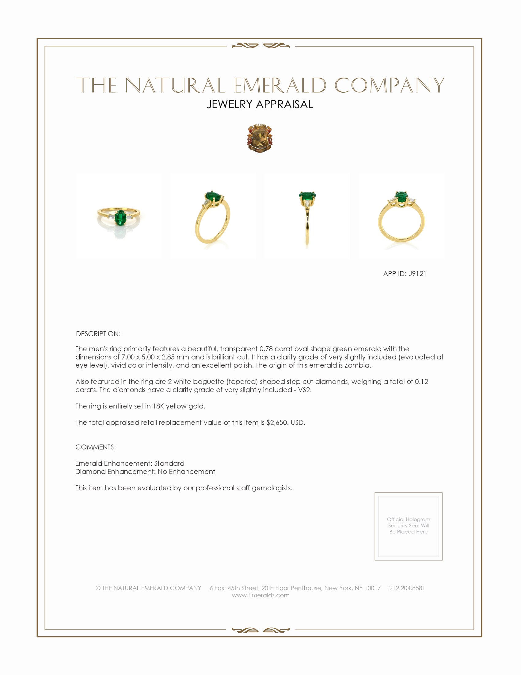 0.78 Ct. Emerald Natural Diamond Three Stone Ring, 18K Yellow Gold