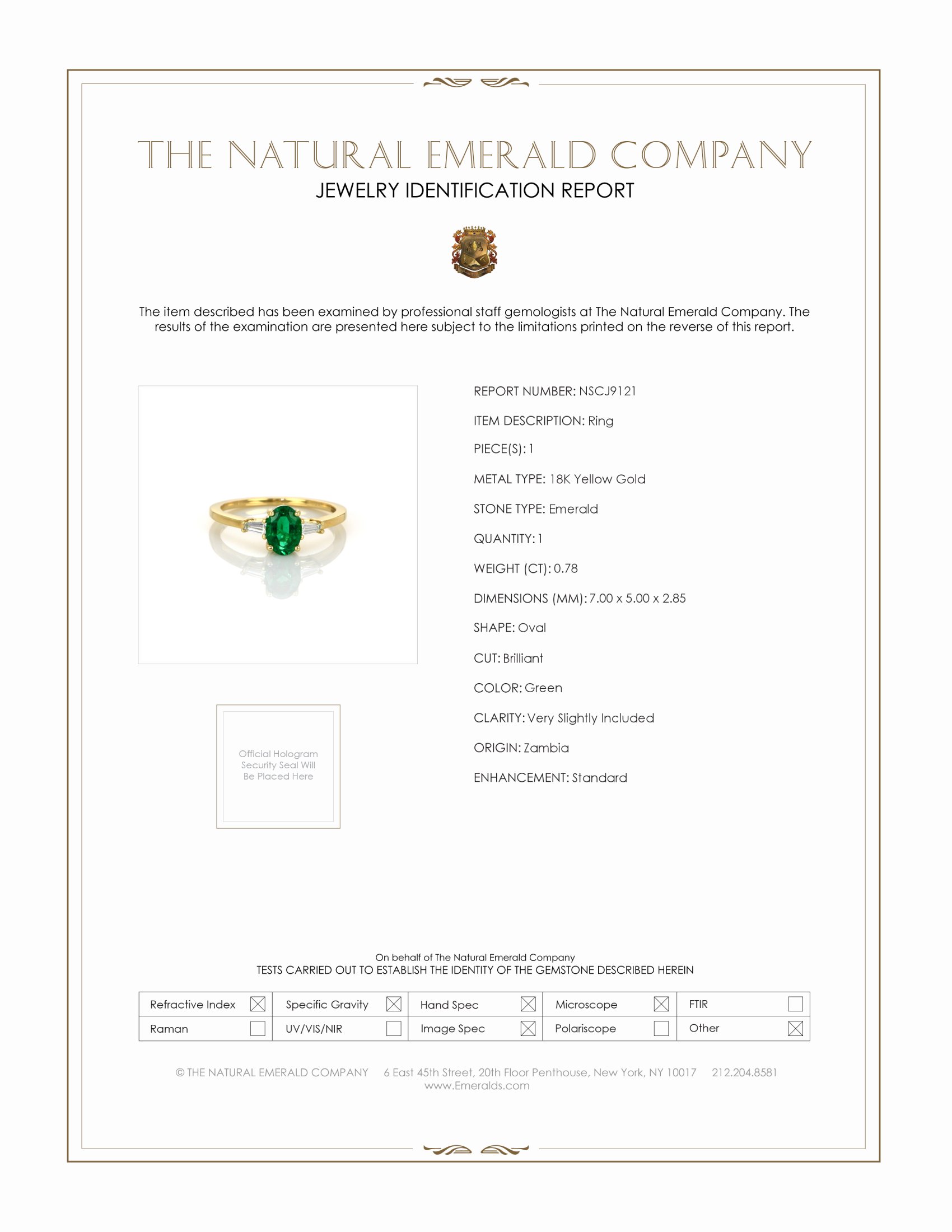 0.78 Ct. Emerald and Natural Diamond Three Stone Ring, 18K Yellow Gold