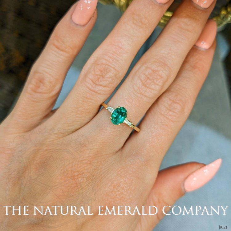 0.78 Ct. Emerald Natural Diamond Three Stone Ring, 18K Yellow Gold