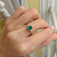 0.78 Ct. Emerald Natural Diamond Three Stone Ring, 18K Yellow Gold Life Style