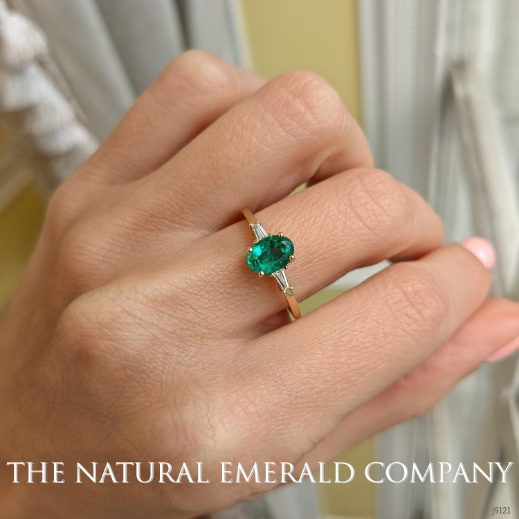 0.78 Ct. Emerald Natural Diamond Three Stone Ring, 18K Yellow Gold