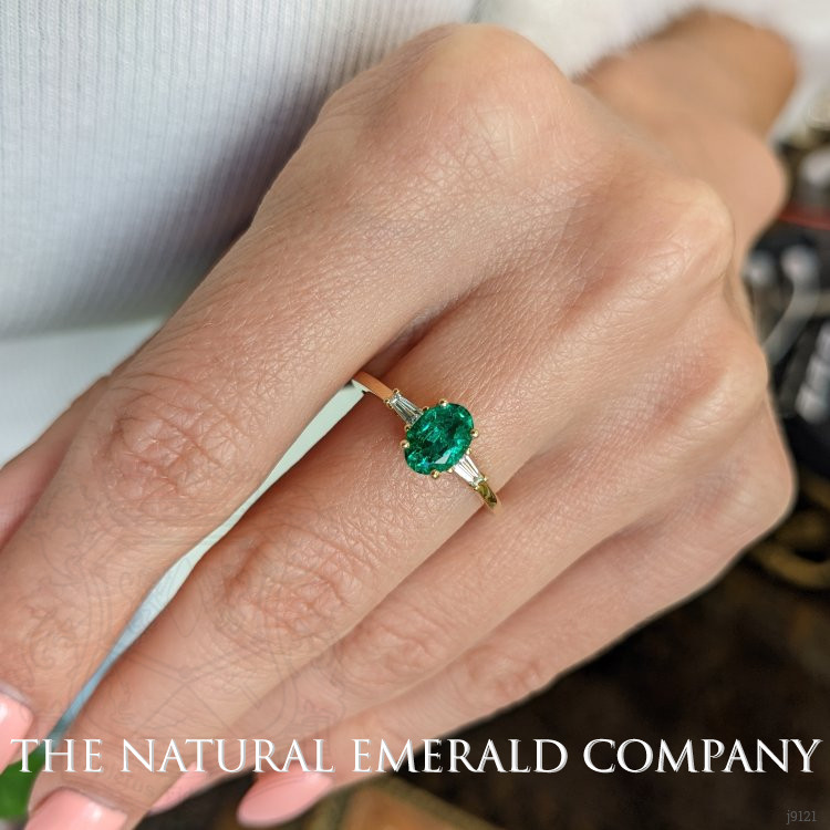 0.78 Ct. Emerald Natural Diamond Three Stone Ring, 18K Yellow Gold