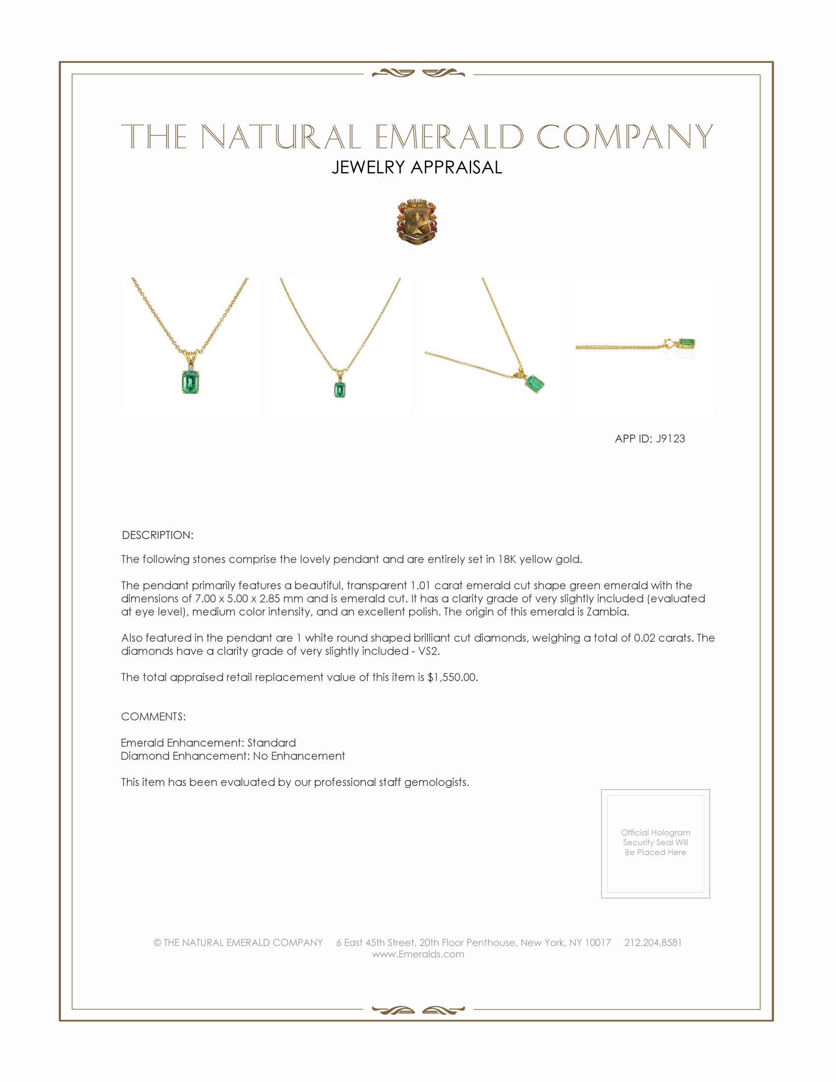 1.01 Ct. Emerald and Natural Diamond Pendant, 18K Yellow Gold