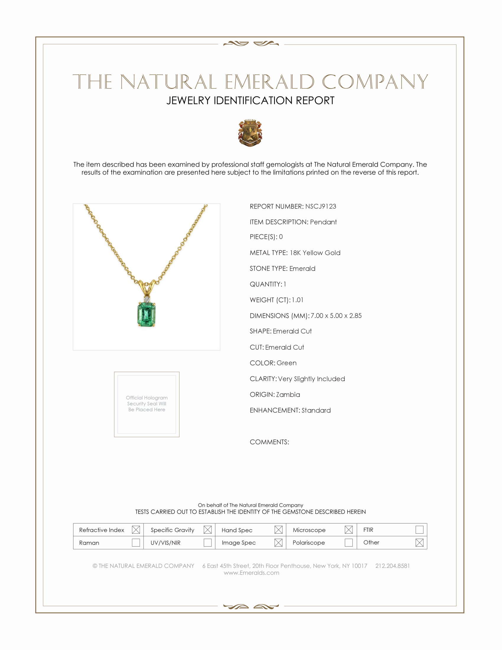 1.01 Ct. Emerald and Natural Diamond Pendant, 18K Yellow Gold