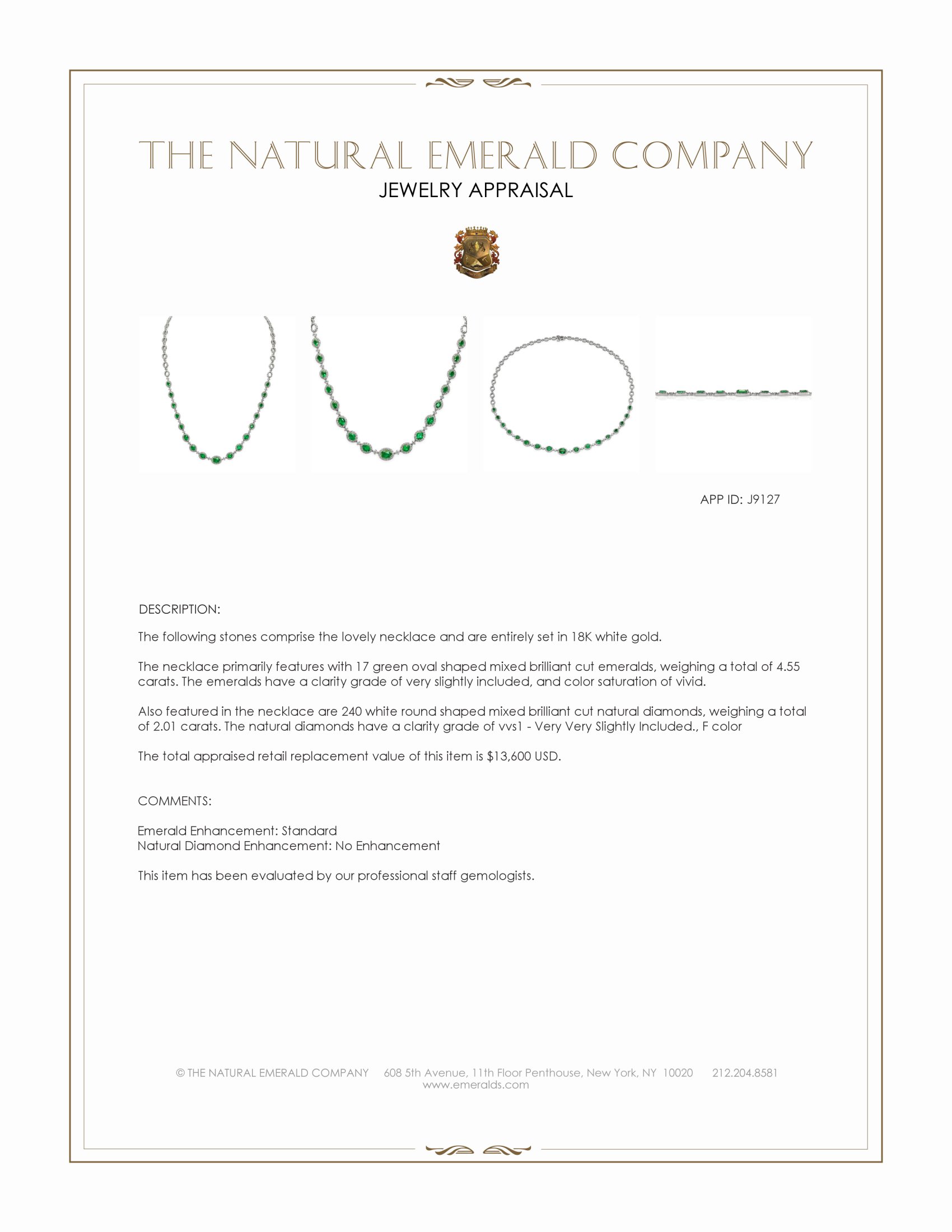 4.55 Ct. Emerald and Natural Diamond Pave Necklace, 18K White Gold