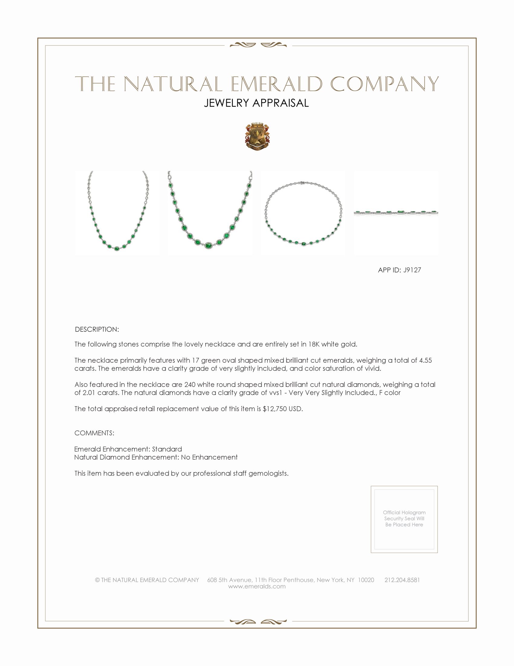 4.55 Ct. Emerald Natural Diamond Pave Necklace, 18K White Gold