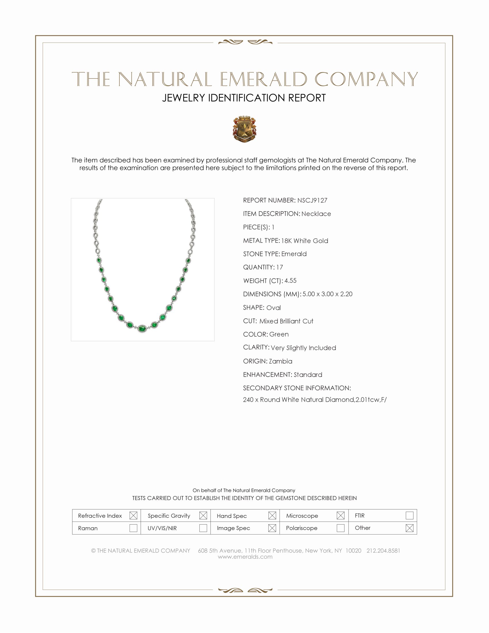4.55 Ct. Emerald and Natural Diamond Pave Necklace, 18K White Gold