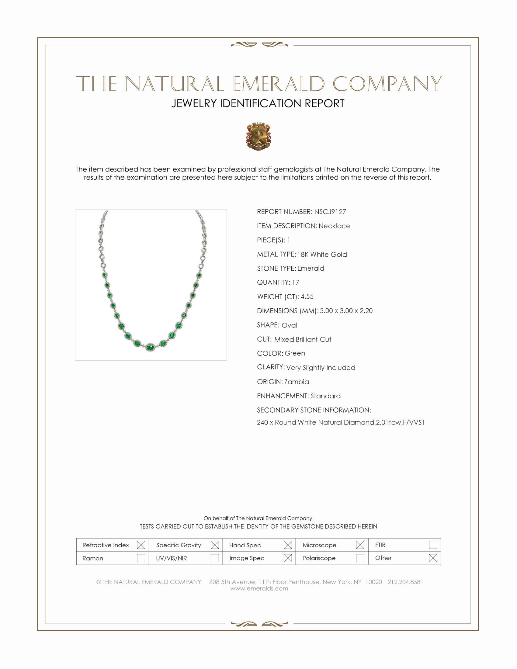 4.55 Ct. Emerald and Natural Diamond Pave Necklace, 18K White Gold