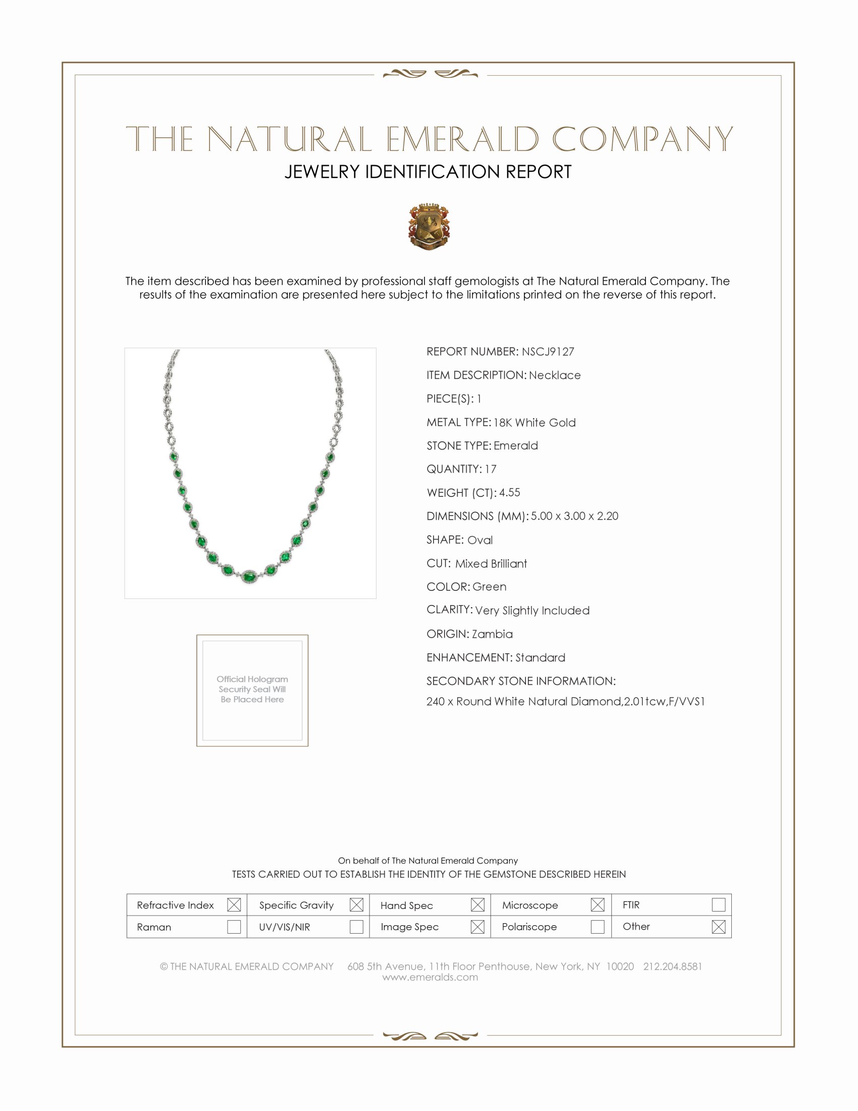 4.55 Ct. Emerald Natural Diamond Pave Necklace, 18K White Gold