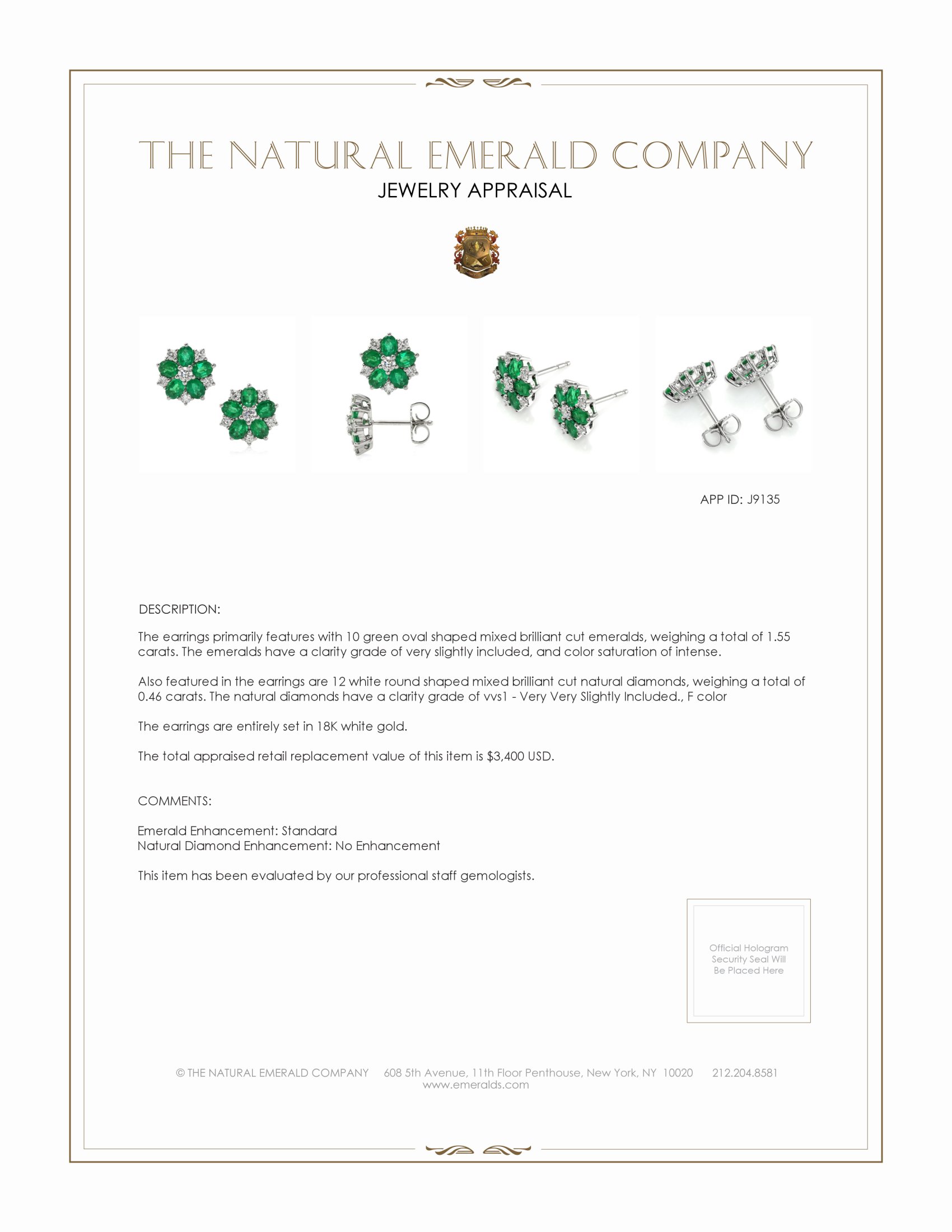 1.55 Ct.Tw. Emerald and Natural Diamond Studs Earrings, 18K White Gold