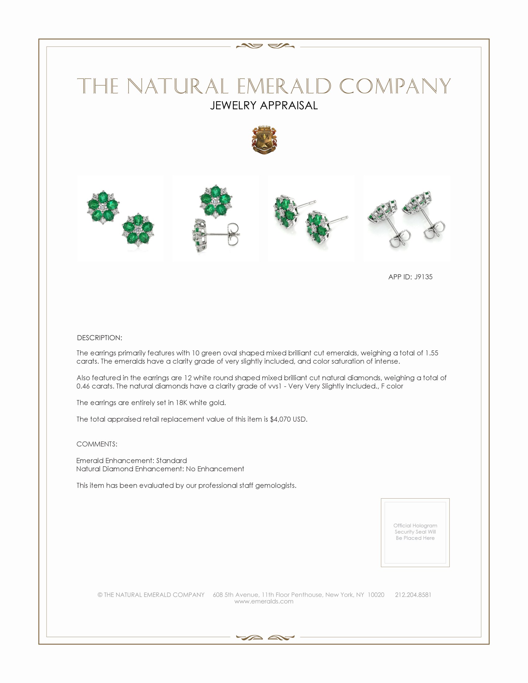 1.55 Ct.Tw. Emerald and Natural Diamond Accent Stones Earrings, 18K White Gold