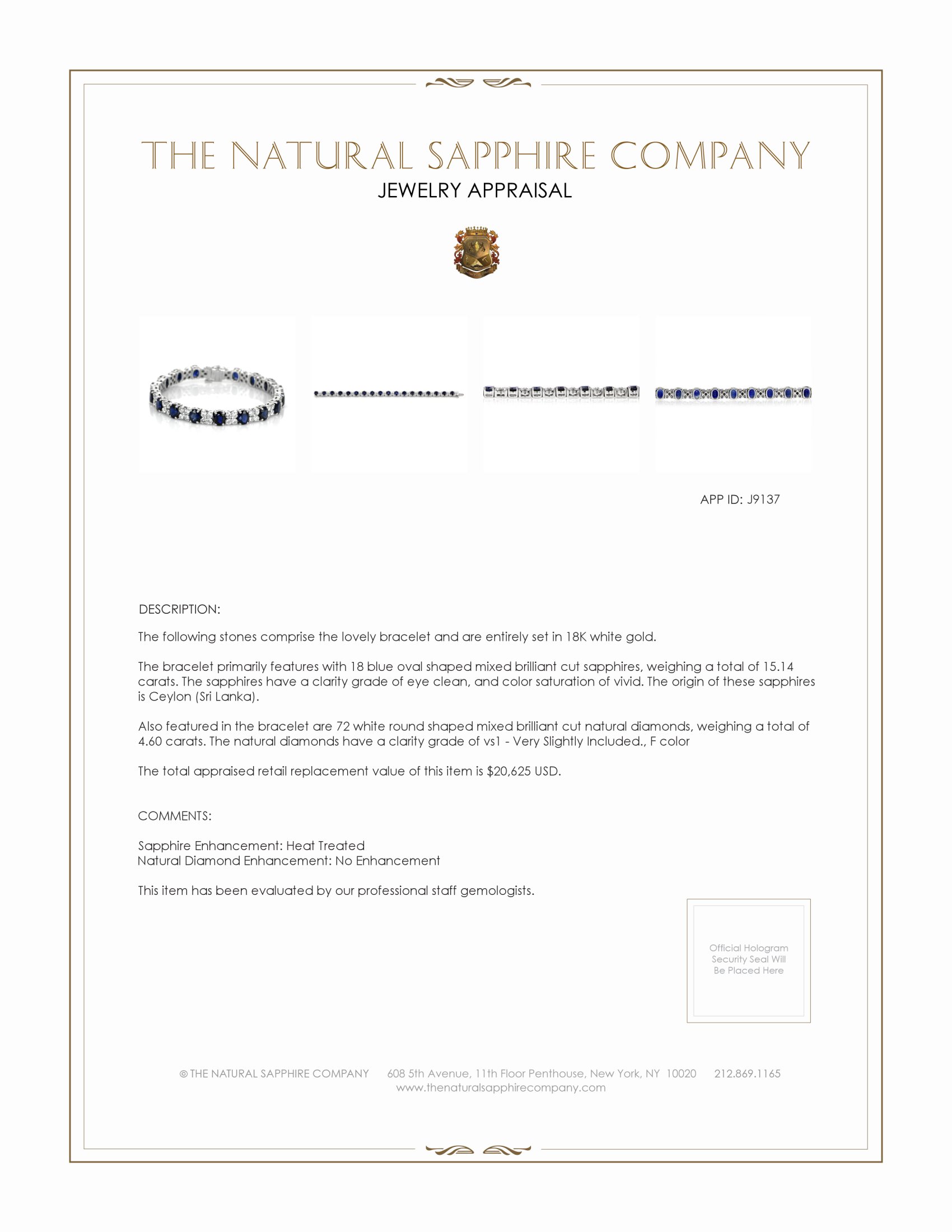 15.14 Ct.Tw. Blue Sapphire and Natural Diamond Accent Stones Bracelet, 18K White Gold