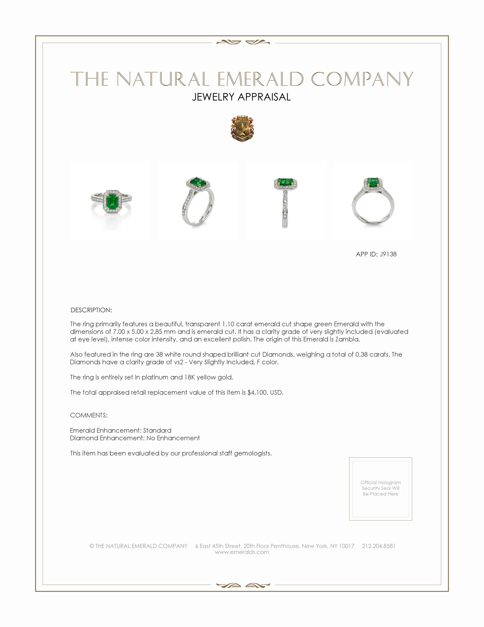1.10 Ct. Emerald and Natural Diamond Pave Ring, Platinum & 18K Yellow