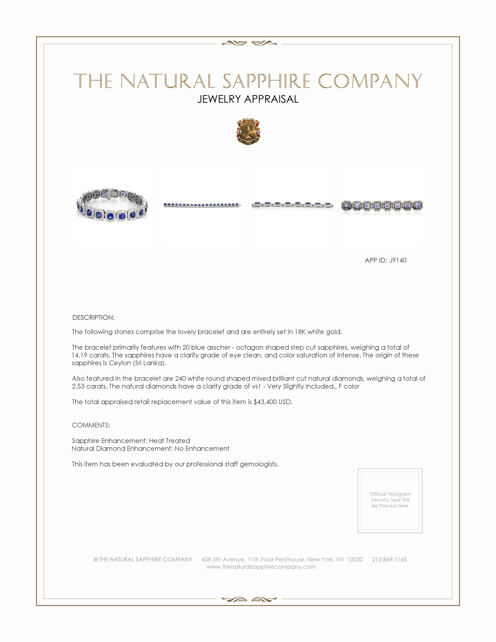 14.19 Ct.Tw. Blue Sapphire and Natural Diamond Pave Bracelet, 18K White Gold