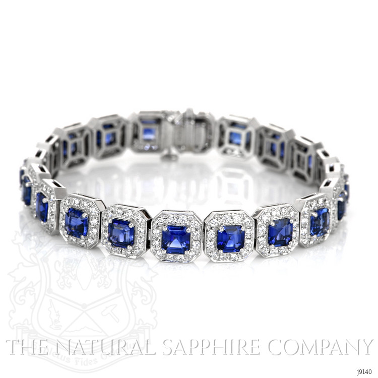14.19 Ct.Tw. Blue Sapphire and Natural Diamond Pave Bracelet, 18K White Gold