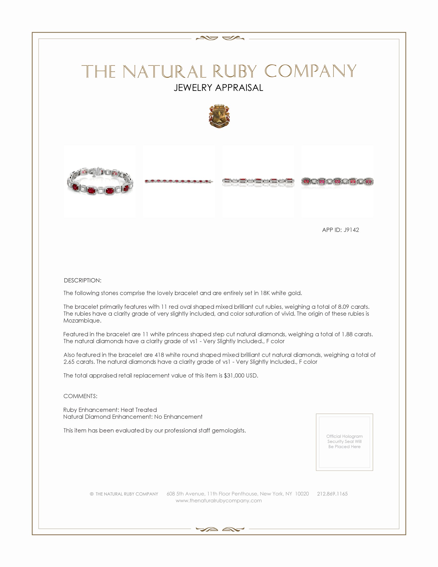 8.09 Ct.Tw. Ruby Natural Diamond Accent Stones Bracelet, 18K White Gold