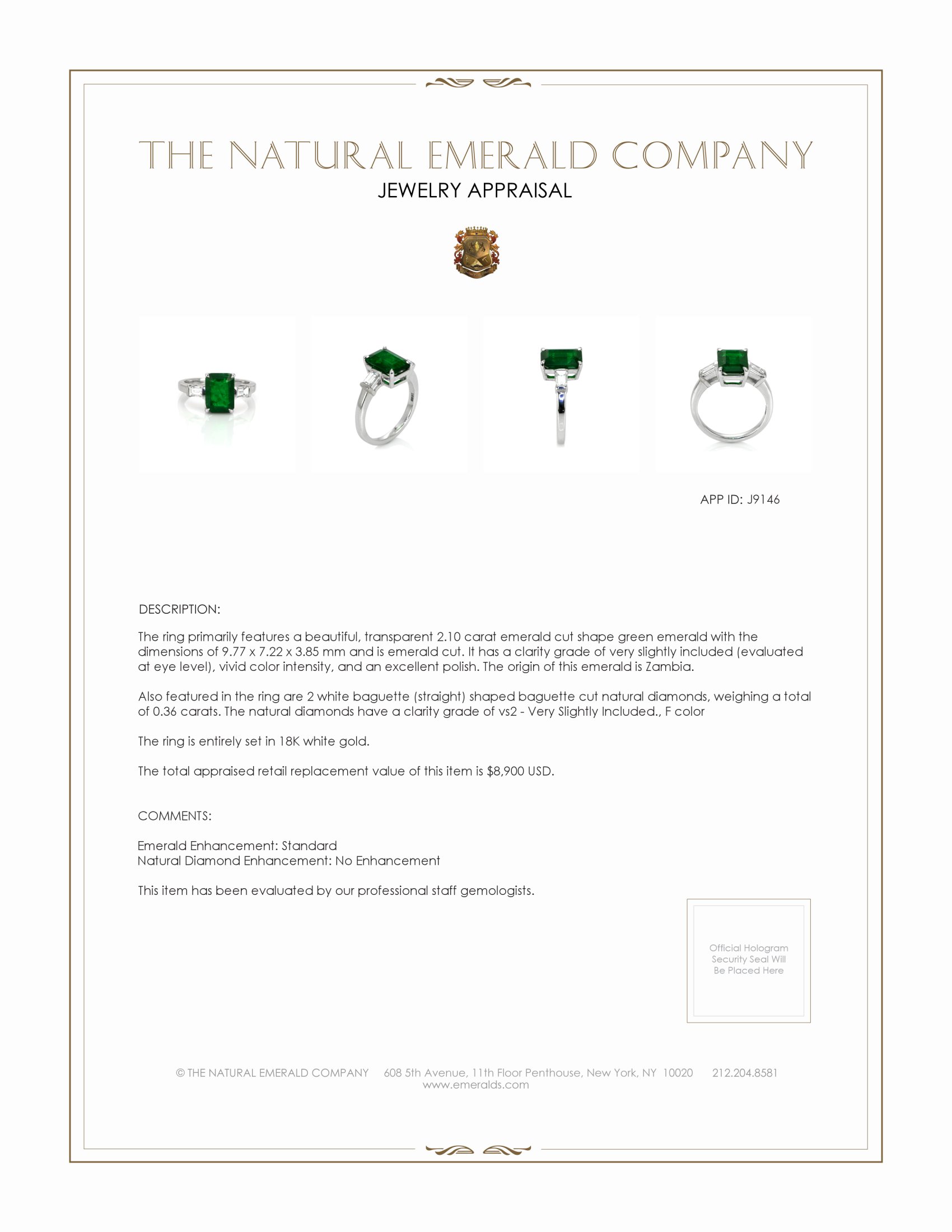 2.10 Ct. Emerald and Natural Diamond Three Stone Ring, 18K White Gold