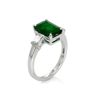 2.10 Ct. Emerald Natural Diamond Three Stone Ring, 18K White Gold Image