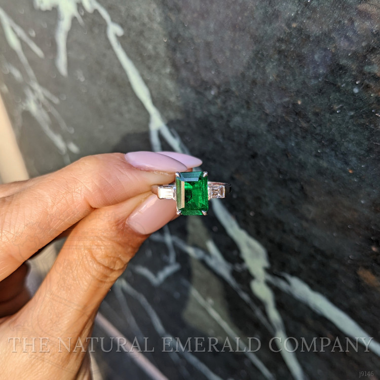 2.10 Ct. Emerald and Natural Diamond Three Stone Ring, 18K White Gold