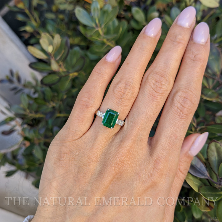 2.10 Ct. Emerald and Natural Diamond Three Stone Ring, 18K White Gold