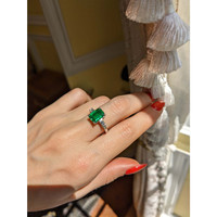 2.10 Ct. Emerald Natural Diamond Three Stone Ring, 18K White Gold Life Style