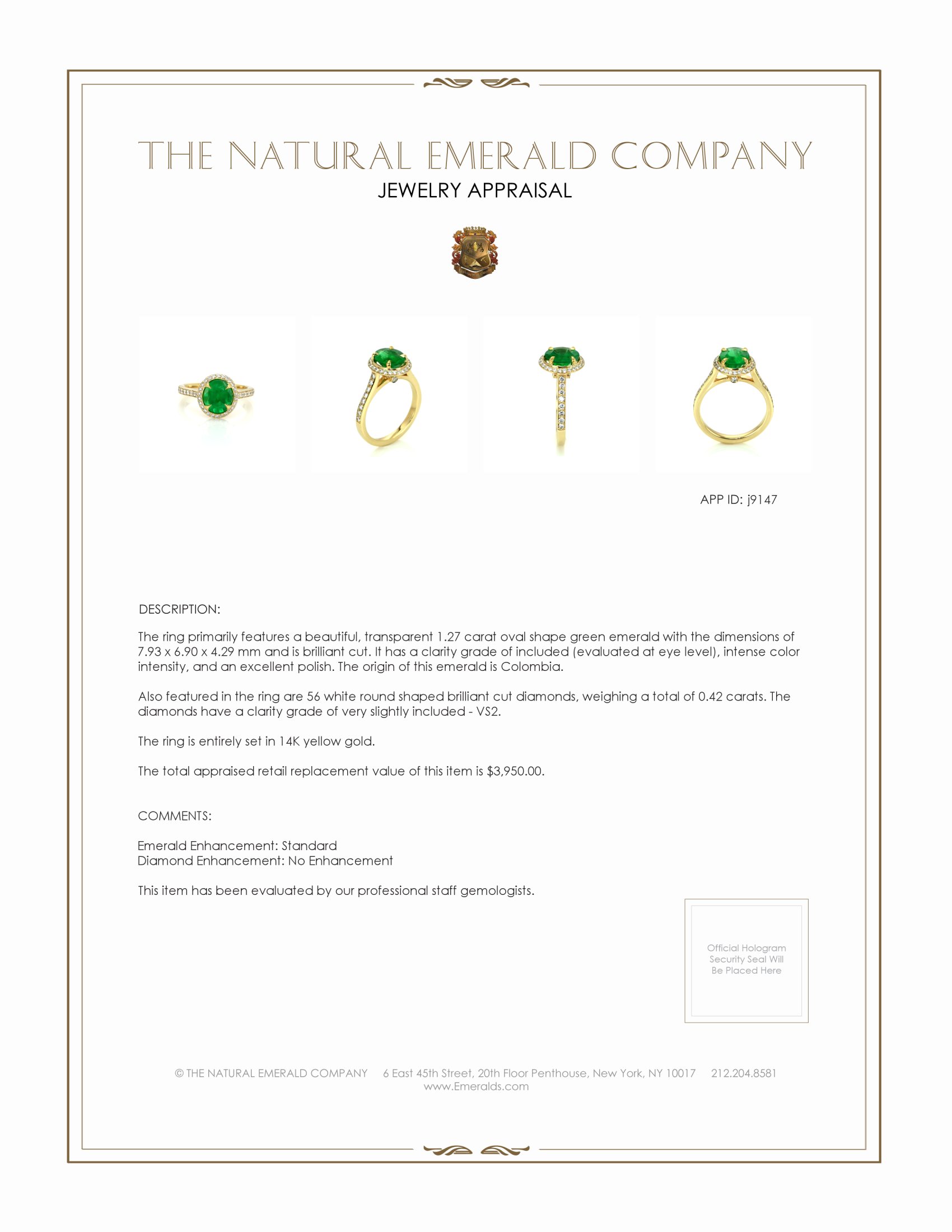 1.27 Ct. Emerald and Natural Diamond Pave Ring, 14K Yellow Gold