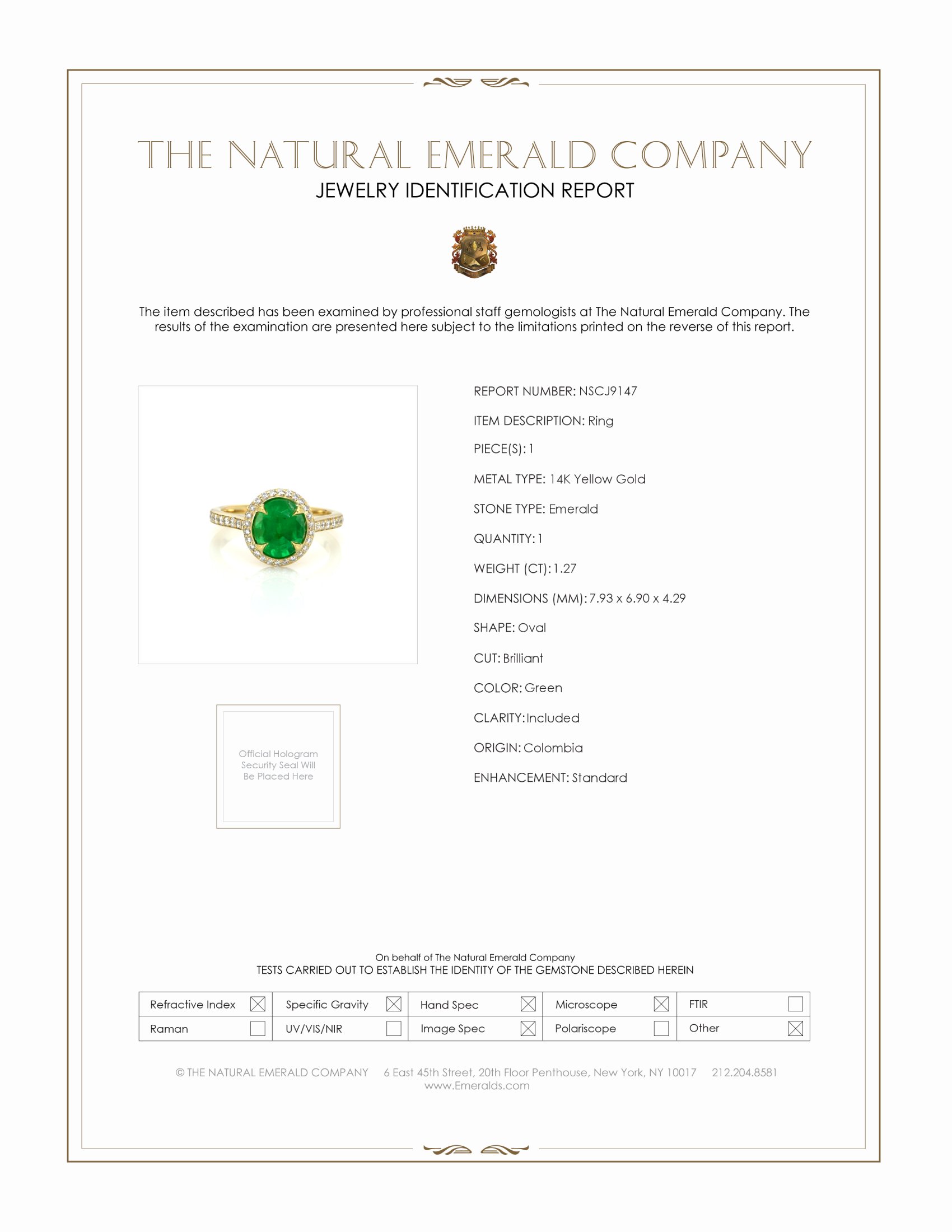 1.27 Ct. Emerald and Natural Diamond Pave Ring, 14K Yellow Gold