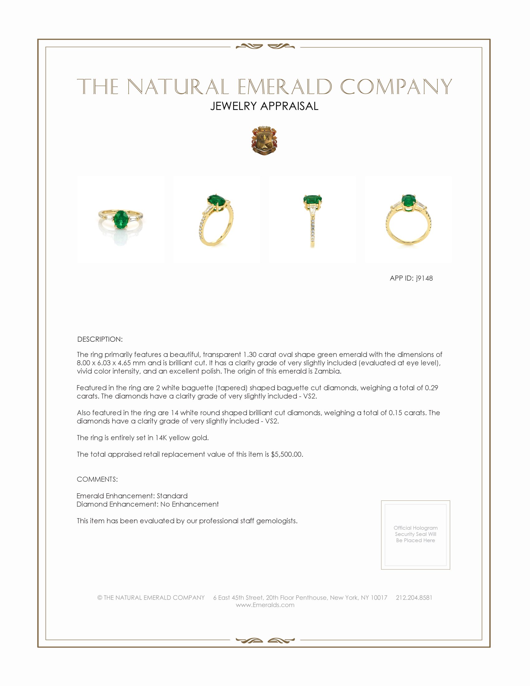 1.30 Ct. Emerald and Natural Diamond Three Stone Ring, 14K Yellow Gold